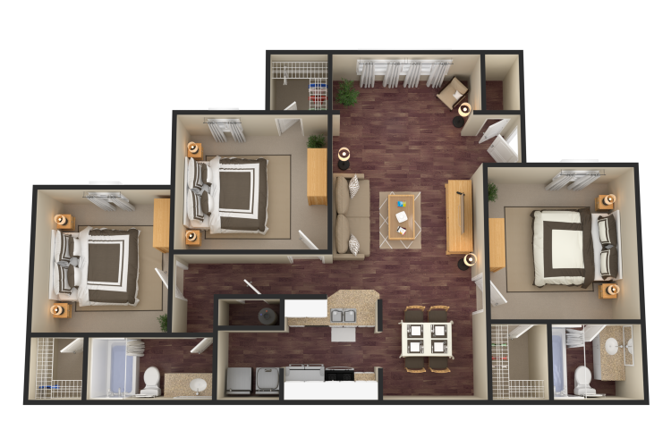 Floor plan for 3 beds, 2 baths, 1274 sqft